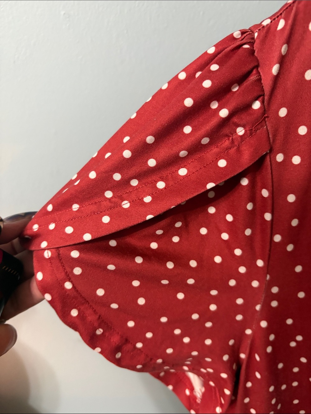 Red Polka Dot Wrap Midi Dress with Tie Waist - Picture 4 of 6